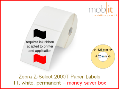 Zebra Z-Select 2000T Paper Labels - core 25mm / 127mm exterior - box │☎ 044 800 16 30 ▶ info@mobit.ch