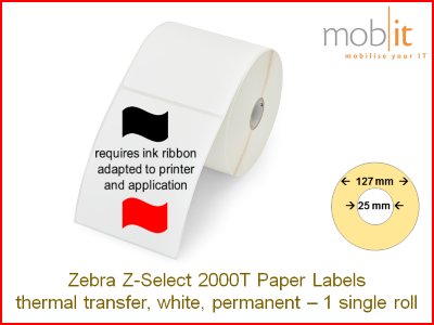 Zebra Z-Select 2000T Paper Labels - core 25mm / 127mm exterior - 1 roll │☎ 044 800 16 30 ▶ info@mobit.ch