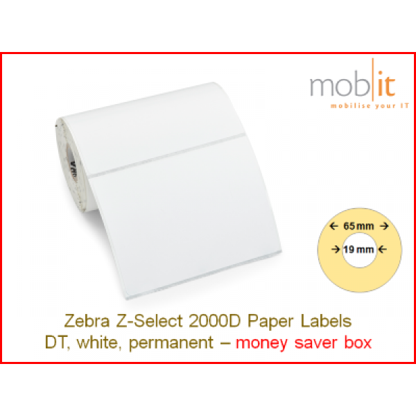Zebra Z-Select 2000D Paper Labels - core 19mm / 65mm exterior - box │☎ 044 800 16 30 ▶ info@mobit.ch