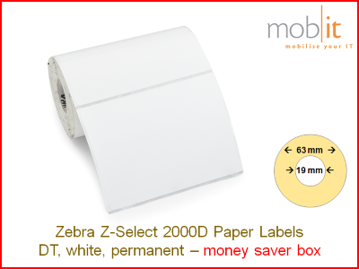 Zebra Z-Select 2000D Paper Labels - core 19mm / 63mm exterior - box │☎ 044 800 16 30 ▶ info@mobit.ch