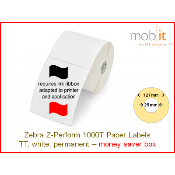 Zebra Z-Perform 1000T Paper Labels - core 25mm / 127mm exterior - box │☎ 044 800 16 30 ▶ info@mobit.ch