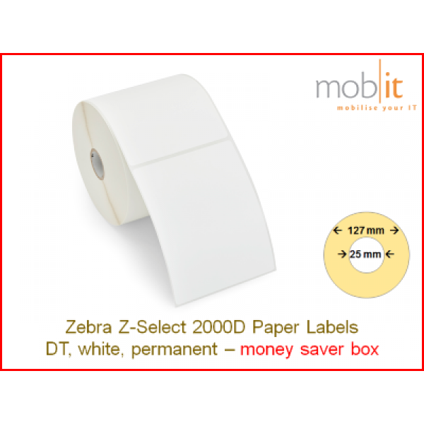 Zebra Z-Select 2000D Paper Labels - core 25mm / 127mm exterior - box │☎ 044 800 16 30 ▶ info@mobit.ch