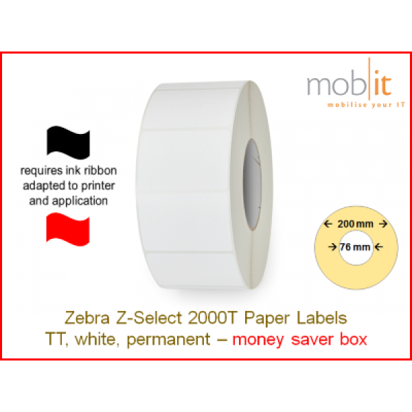 Zebra Z-Select 2000T Paper Labels - core 76mm / 200mm exterior - box │☎ 044 800 16 30 ▶ info@mobit.ch