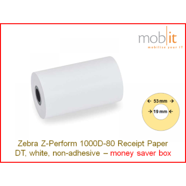 Zebra Z-Perform 1000D-80 Receipt Paper non-adhesive - core 19mm / 53mm exterior - box │☎ 044 800 16 30 ▶ info@mobit.ch