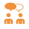Icône représentant deux personnes et deux bulles, symbolisant les entretiens réguliers avec les collaborateurs DIALOG et la communication efficace chez mobit