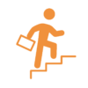 Icône représentant une personne dans les escaliers avec une mallette, symbolisant la promotion interne et les nouveaux défis chez mobit