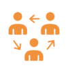 Icône représentant trois personnes reliées entre elles en forme de triangle, symbolisant la hiérarchie horizontale et la bureaucratie réduite chez mobit
