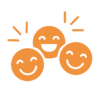 Icône avec des visages satisfaits en orange, symbolisant l'ambiance familiale et l'équipe joyeuse de mobit