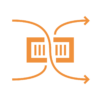 Icône avec code-barres et flèches, symbolisant un logiciel d'étiquetage flexible, adaptable aux besoins individuels