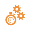 Icône avec chronomètre et roues dentées, symbolisant le gain de temps grâce à l'optimisation des processus de production avec les solutions logicielles mobit