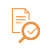 Icône avec document et loupe, symbolisant l'assurance qualité grâce à des autorisations et des contrôles de plausibilité avec la solution logicielle m|ES Healthcare de mobit