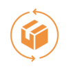Icône avec boîte et flèches circulaires, symbolisant une gestion numérique efficace des retours et une mise à jour automatique des stocks grâce aux solutions logicielles mobit