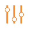 Icon mit drei Steuerreglern, steht für benutzerfreundliche und einfache Bedienung der Etikettieranlagen von mobit