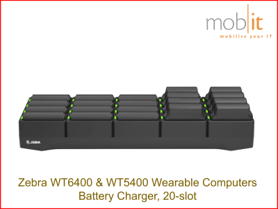 20-Slot Battery Charger for Zebra WT5400 and Zebra WT6400 Wearable Computers.