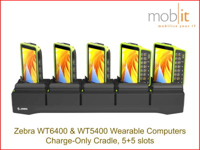 5-Slot Charge-Only Cradle for Zebra WT5400 and Zebra WT6400 Wearable Computers plus batteries.