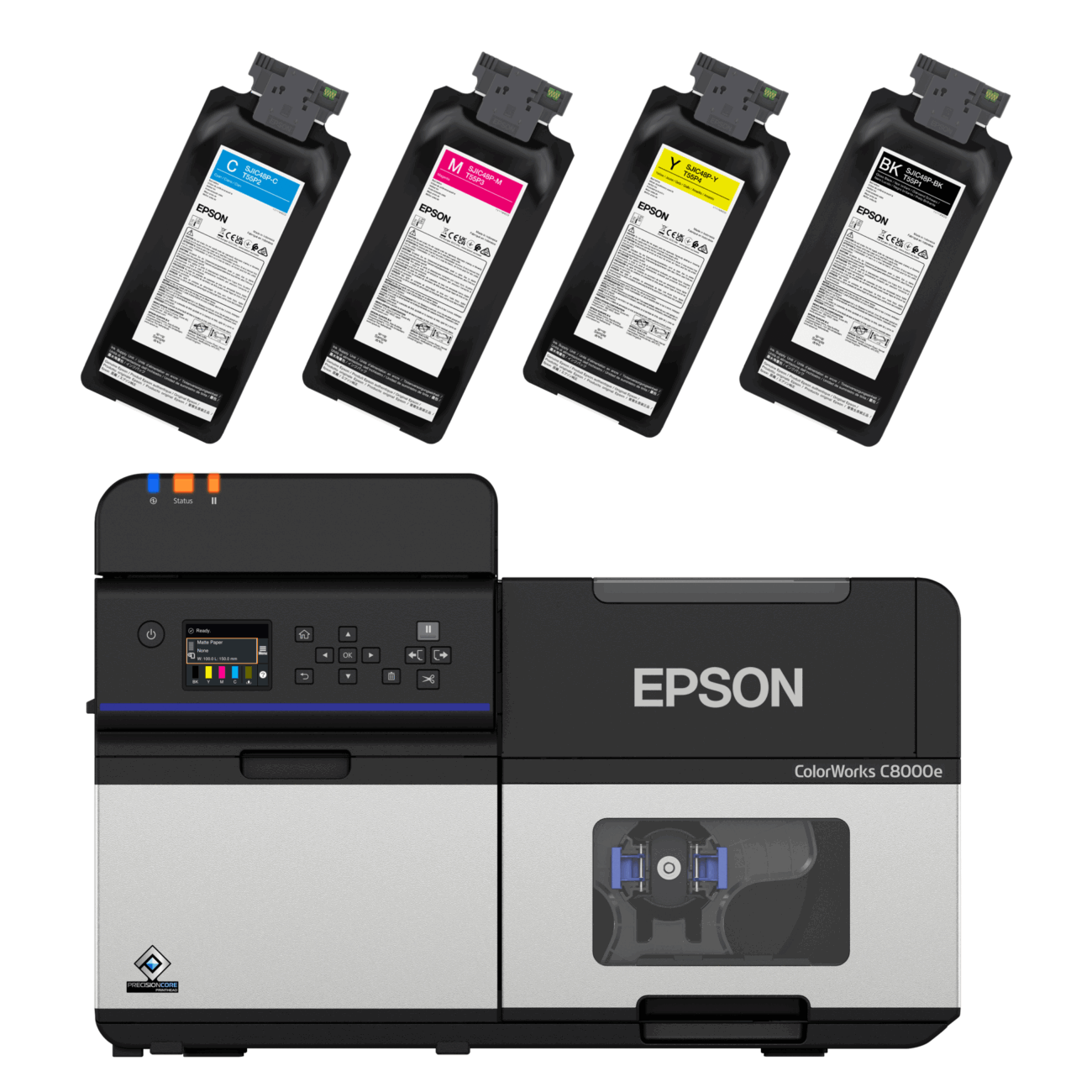 L'imprimante d'étiquettes couleur Epson C8000e avec de grandes poches d'encre permet une impression professionnelle d'étiquettes en grands volumes, sans interruptions fréquentes pour changer les cartouches d'encre vides