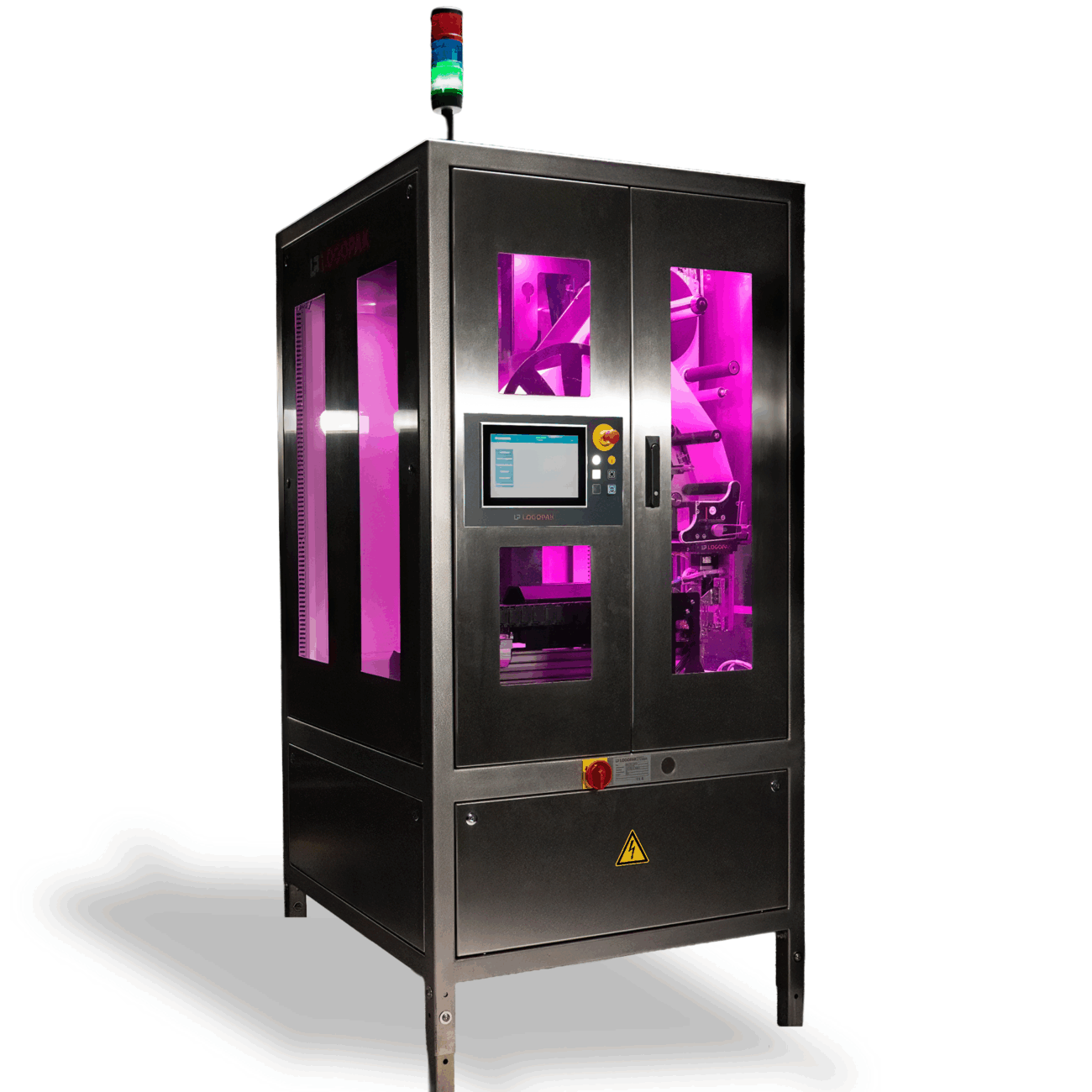Logomatic 850 eP3 Hybrid - système industriel Print & Apply de Logopak avec applicateur pneumatique ou électronique, pour l'étiquetage automatique de palettes avec des étiquettes linerless