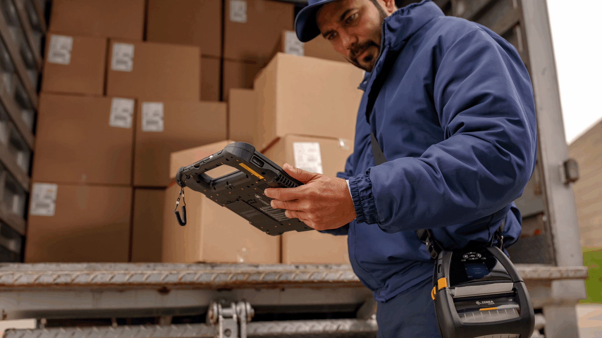 Un livreur d'un service de livraison utilise une application mobile pour charger des colis dans un véhicule logistique