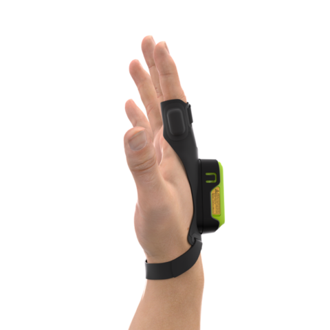 Wearable Scanner Zebra RS2100, portable et fixé sur le dos de la main, vue de côté
