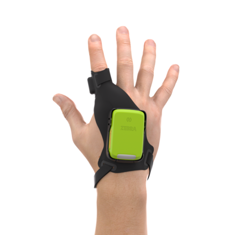 Wearable Scanner Zebra RS2100, portable et fixé sur le dos de la main, vue de dessus