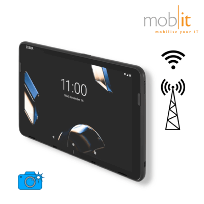 Zebra ET401 Enterprise Tablet without barcode scanner, 10-inch screen, WWAN (5G), WLAN (WiFi 7) and camera.