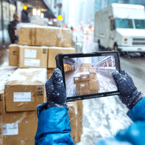 Tablette d'entreprise Zebra ET401 utilisée en extérieur par un service de livraison de colis, idéale pour les preuves de livraison (Proof-Of-Delivery) et la documentation des marchandises transportées