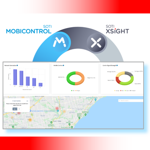 La solution logicielle SOTI XSight suit la localisation exacte de tous les ordinateurs mobiles et fournit une vue d'ensemble en temps réel de l'ensemble du parc d'appareils sur une carte