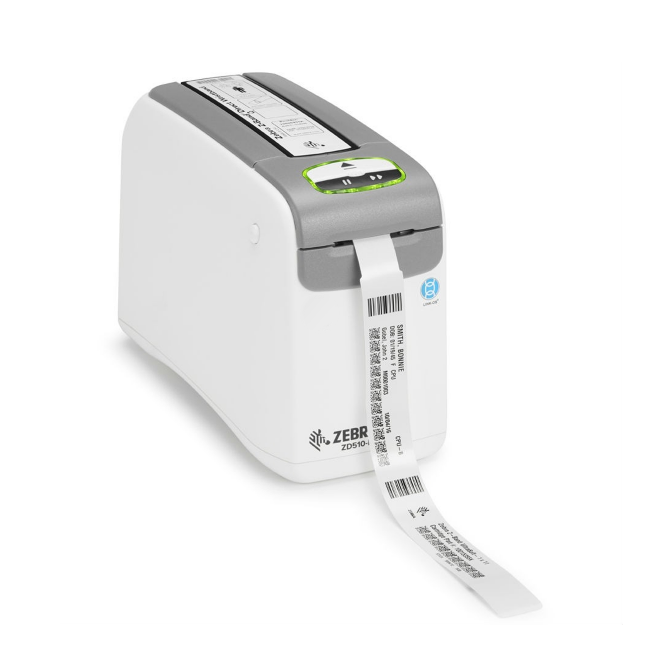 Imprimante de bracelets Zebra ZD510-HC, avec transmission de données filaire et donc conforme à la norme européenne, imprime des bracelets bien lisibles pour l'identification des patients et des visiteurs d'événements