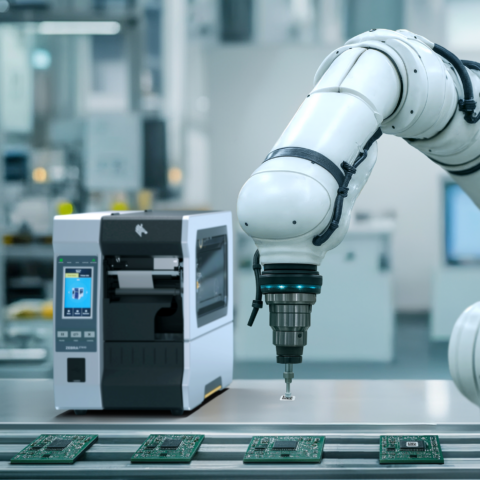 Sur une chaîne de production de composants électroniques, un bras robotisé appose avec précision une petite étiquette à code-barres, imprimée par une imprimante de micro-étiquettes Zebra ZT610, sur la puce d'un circuit imprimé