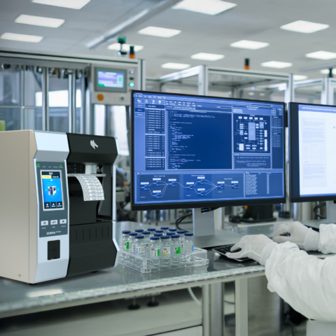 L'imprimante de micro-étiquettes Zebra ZT610 imprime des étiquettes à codes-barres d'une grande précision pour les flacons de médicaments dans un laboratoire stérile