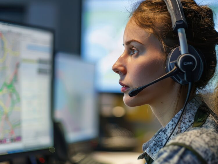 Une planificatrice, équipée d'un casque audio, surveille en temps réel les itinéraires de livraison et la position des véhicules logistiques sur plusieurs écrans