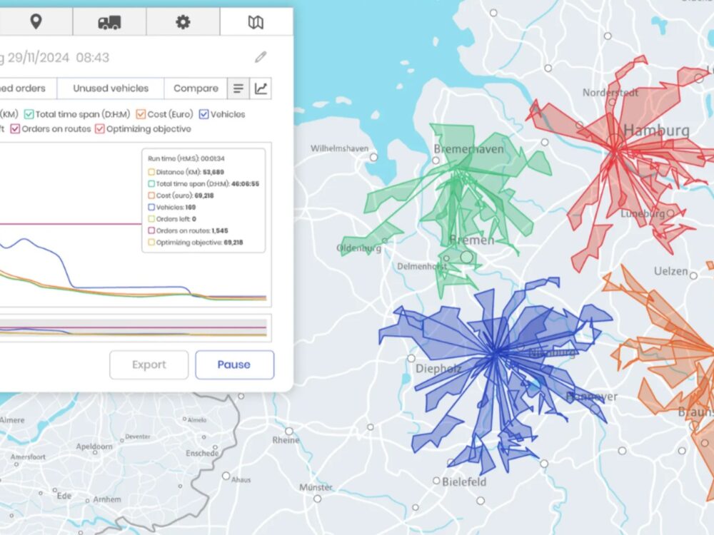 Planungspanel der OptiFlow Software ermöglicht die Erfassung von Restriktionen zur Berechnung von Tourenclustern und Darstellung auf einer Europakarte