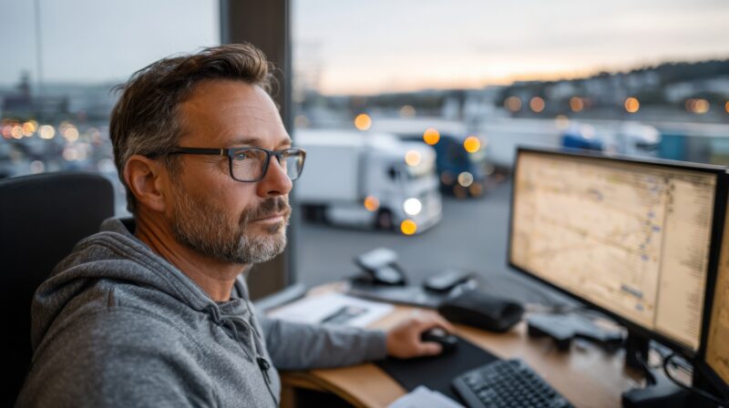 Un gestionnaire planifie ses itinéraires de livraison sur deux écrans à l'aide de la solution logicielle de planification d'itinéraires de mobit sa