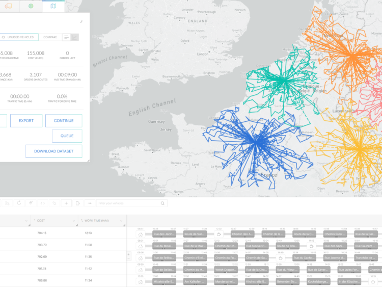 Tableau de planification du logiciel OptiFlow avec carte récapitulative des tournées de livraison prévues et diagramme de Gantt des chauffeurs affectés avant la validation de la vague de livraisons
