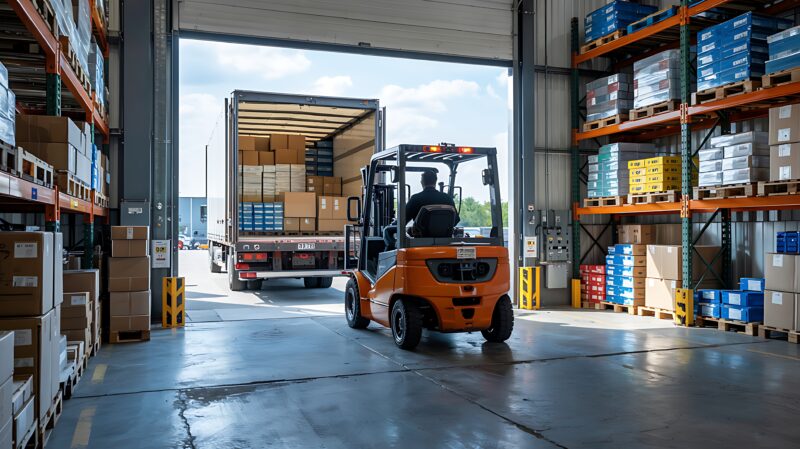 Un chariot élévateur charge des palettes dans un camion dans un entrepôt logistique moderne qui utilise la solution logicielle de planification d'itinéraires de mobit