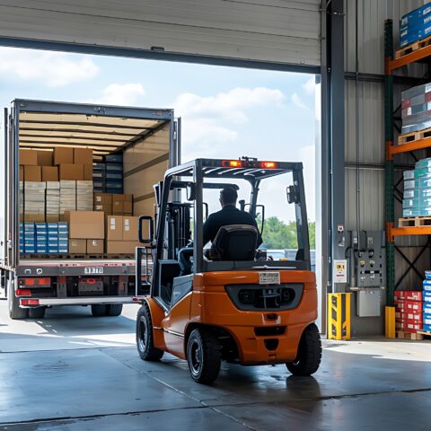 Article de blog de mobit sur PTV Logistics et OptiFlow - un chariot élévateur et un camion dans un entrepôt logistique moderne équipé de la solution logicielle de planification d'itinéraires de mobit