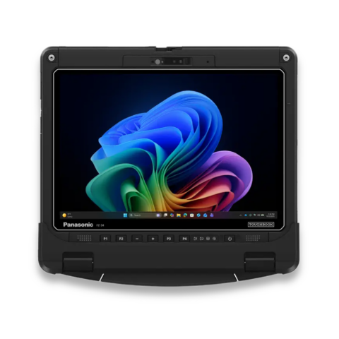 Frontalansicht des vollrobusten Notebooks Panasonic Toughbook 34 mk1 im aufgeklappten Zustand mit Windows-Startbildschirm