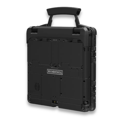 Rückansicht des vollrobusten 2-in-1 Notebooks Panasonic Toughbook 34 mk1 im geschlossenen Zustand mit montiertem Tragegriff