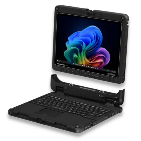 Vollrobustes 2-in-1-Notebook Panasonic Toughbook 34 mk1 mit farbiger Windows-Benutzeroberfläche und aufgeklappter Tastatur