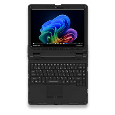 Frontalansicht des geöffneten 2-in-1 Notebooks Panasonic Toughbook 34 mk1 mit vollständiger Tastatur und eingeschaltetem Windows-Display