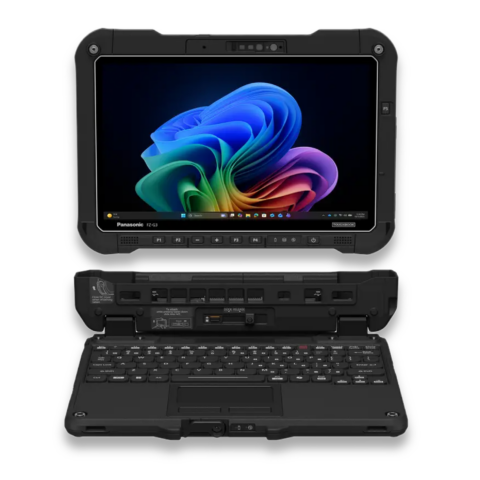 Frontansicht des robusten Panasonic Toughbook FZ-G3 Tablets mit Windows-Benutzeroberfläche und abnehmbarer Tastatur-Dockingstation
